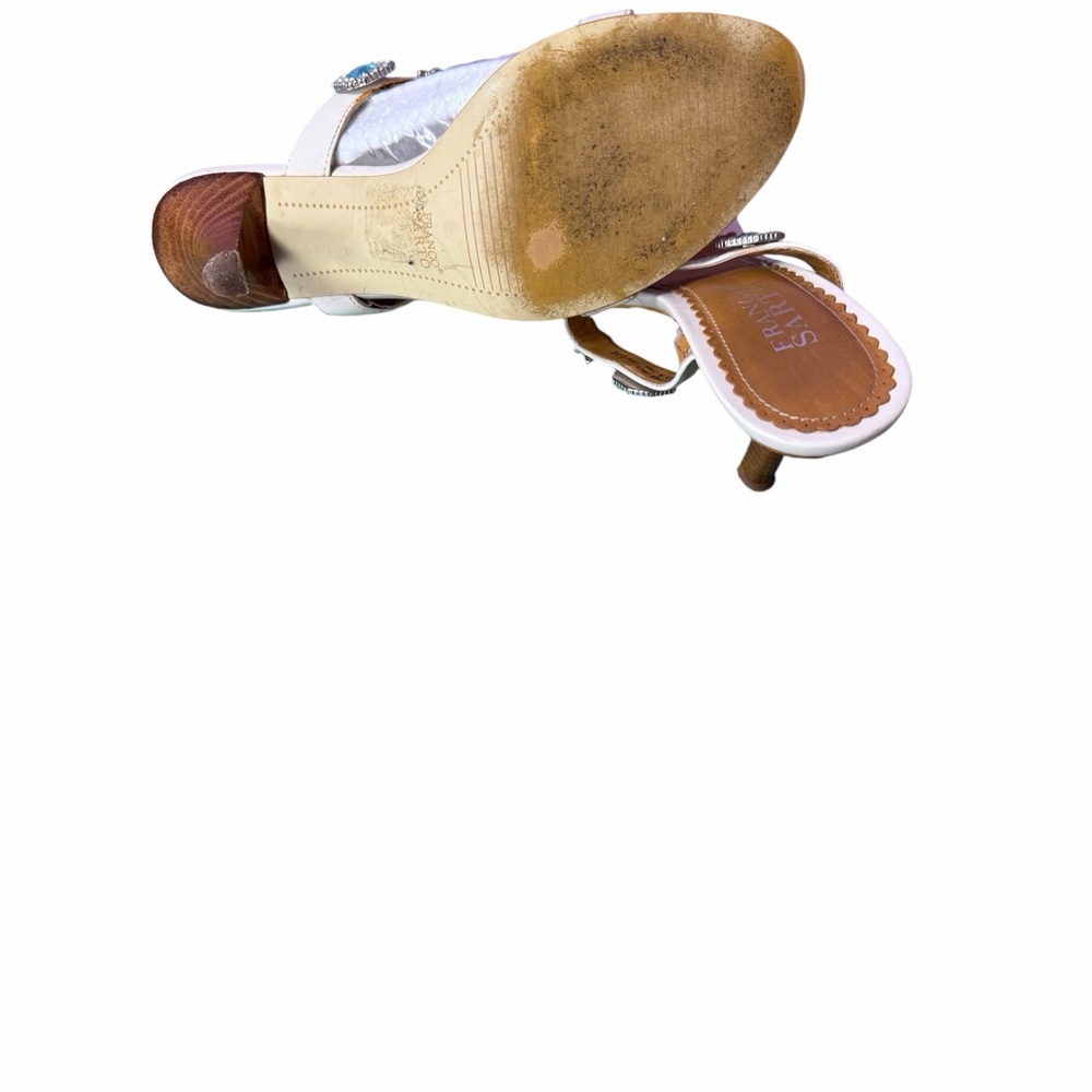 Franco Sarto Ivory Leather Jeweled T-Strap Heels with Turquoise Accents - Picture 5 of 6